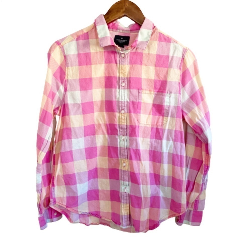 American Eagle Pink & Yellow Plaid Button Up Long Sleeve Shirt